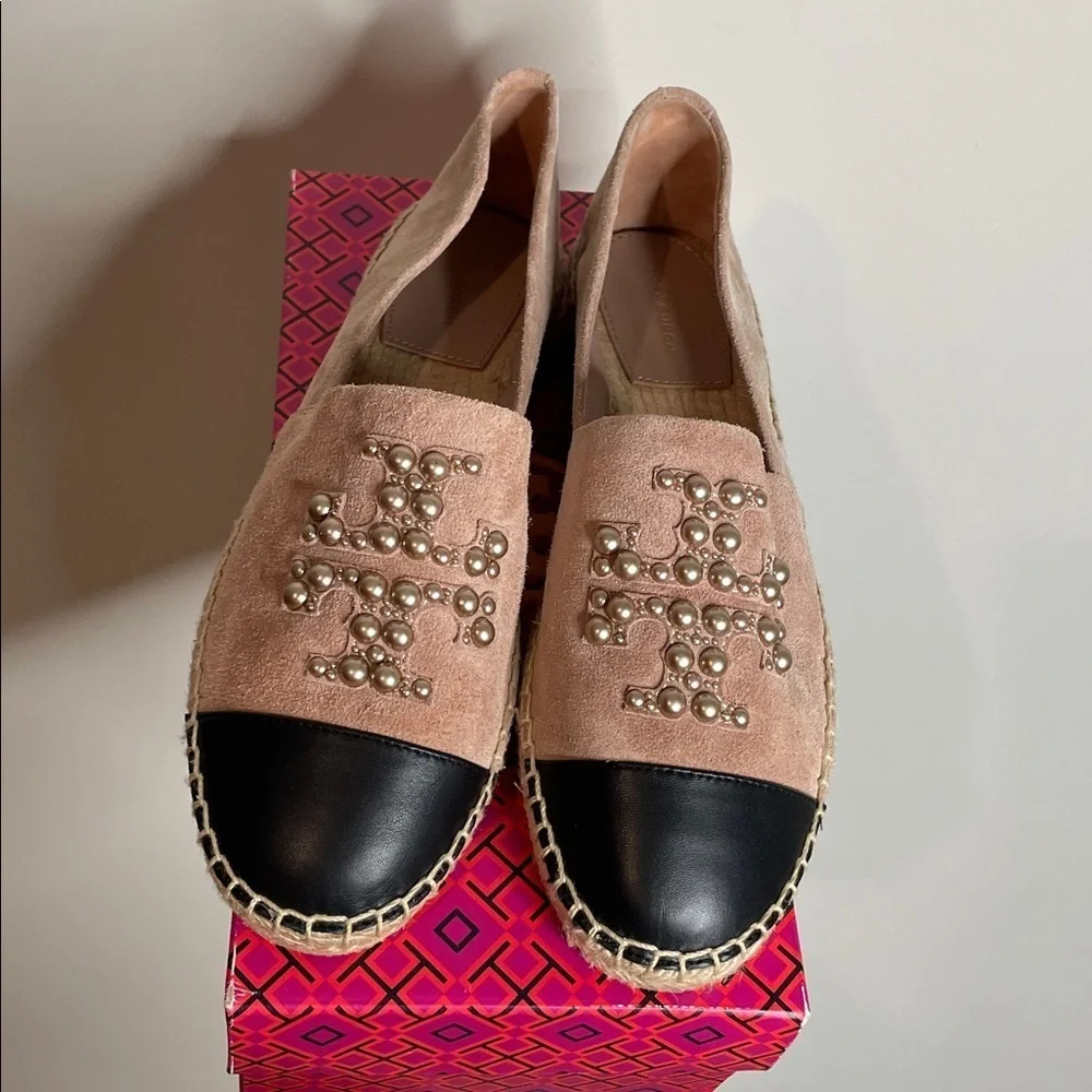 Tory Burch | Women’s Stud Pearls Logo Suede Espadrilles in Meadowsweet Size 10